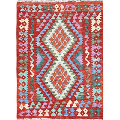 2'9"X3'8" Geometric Design Flat Weave Afghan Kilim Reversible Red Vibrant Wool Hand Woven Oriental Rug 133F0C3EAB274A43B337FFED326FED7C - Image 0