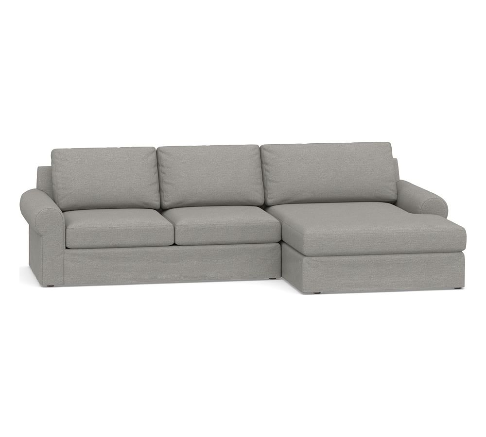 Big Sur Roll Arm Slipcovered Left Arm Loveseat with Double Chaise Sectional, Down Blend Wrapped Cushions, Performance Heathered Basketweave Platinum - Image 0