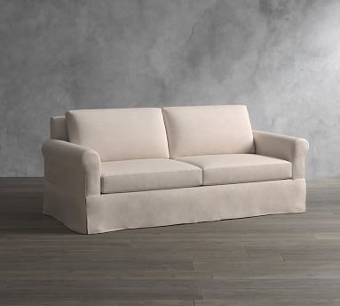 York Roll Arm Slipcovered Sofa 82.5", Bench Cushion, Down Blend Wrapped Cushions, Performance Heathered Tweed Pebble - Image 1