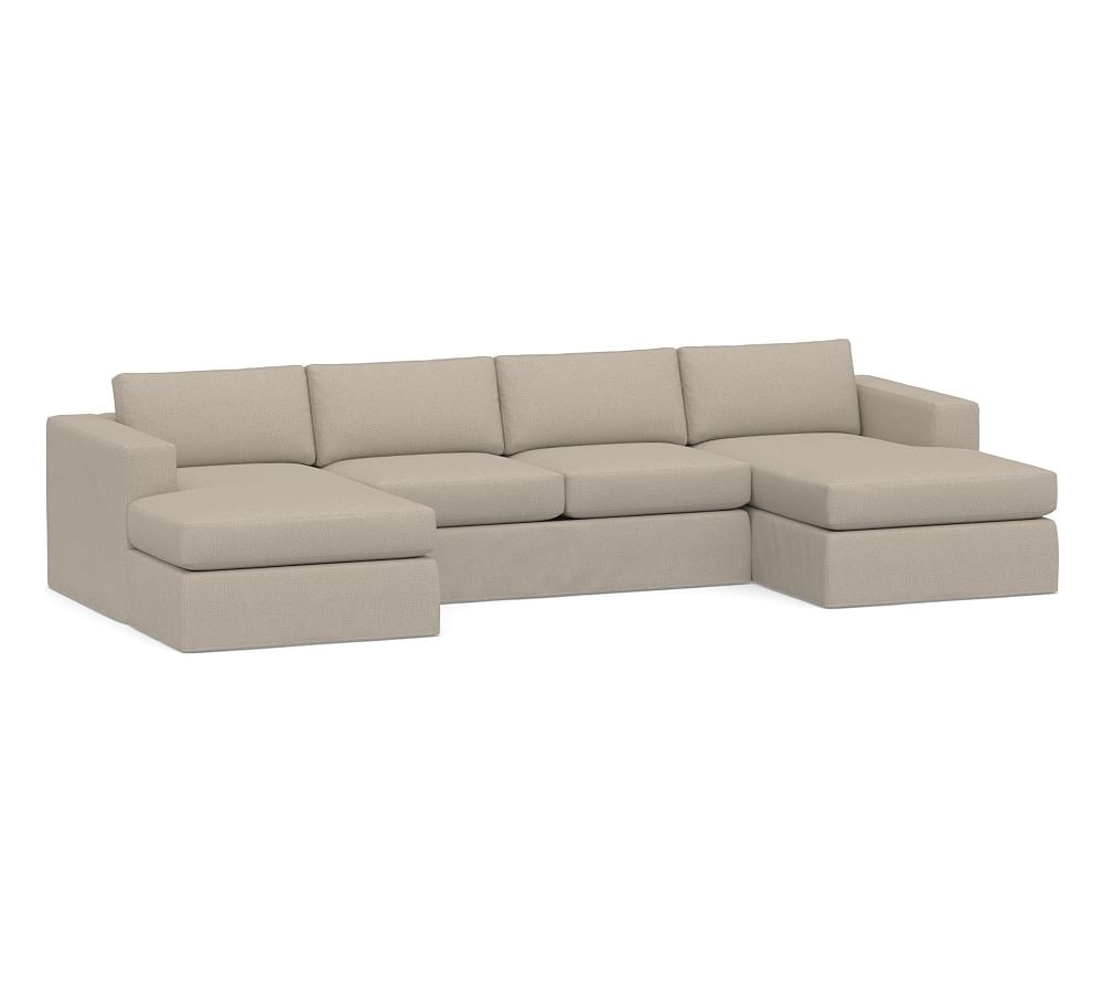 Carmel Square Arm Slipcovered U-Chaise Loveseat Sectional, Down Blend Wrapped Cushions, Performance Brushed Basketweave Sand - Image 0