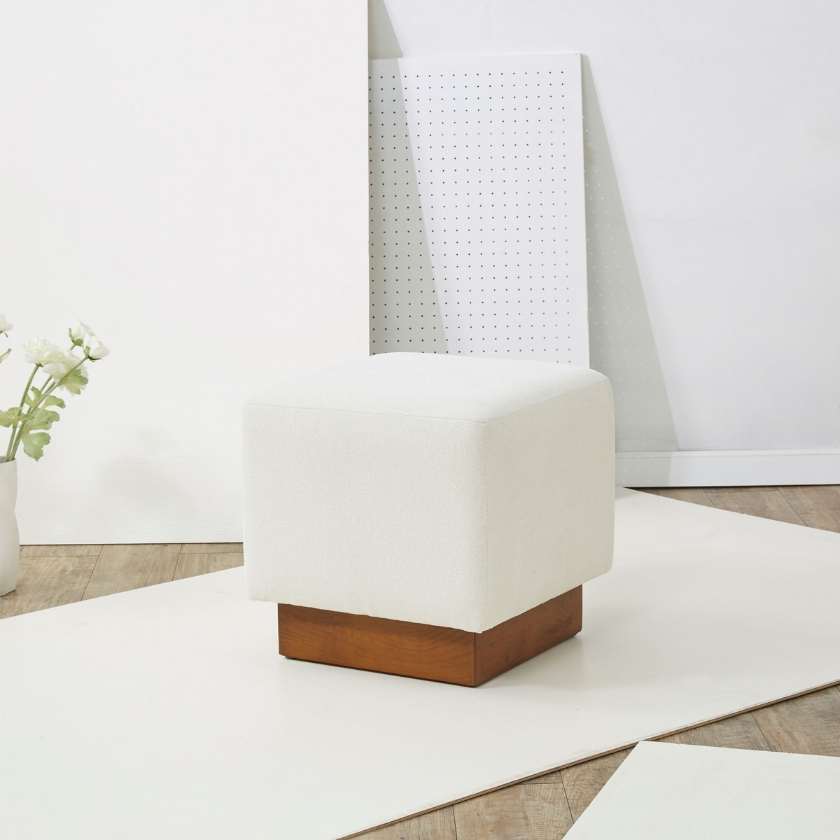 Natalya Square Ottoman - Ivory / Walnut - Image 1