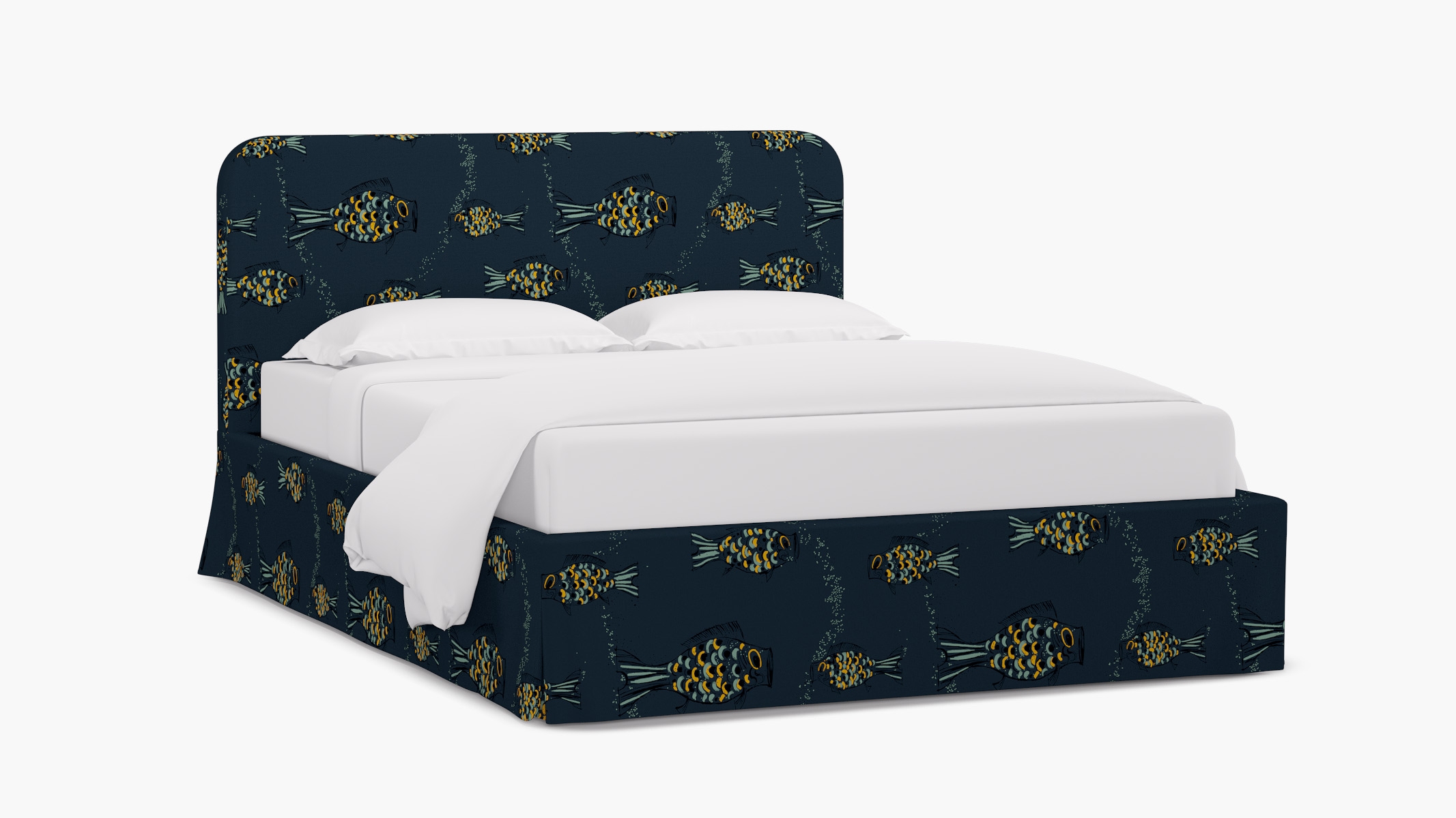 Skirted Platform Bed, Indigo Sakana, Queen - Image 1