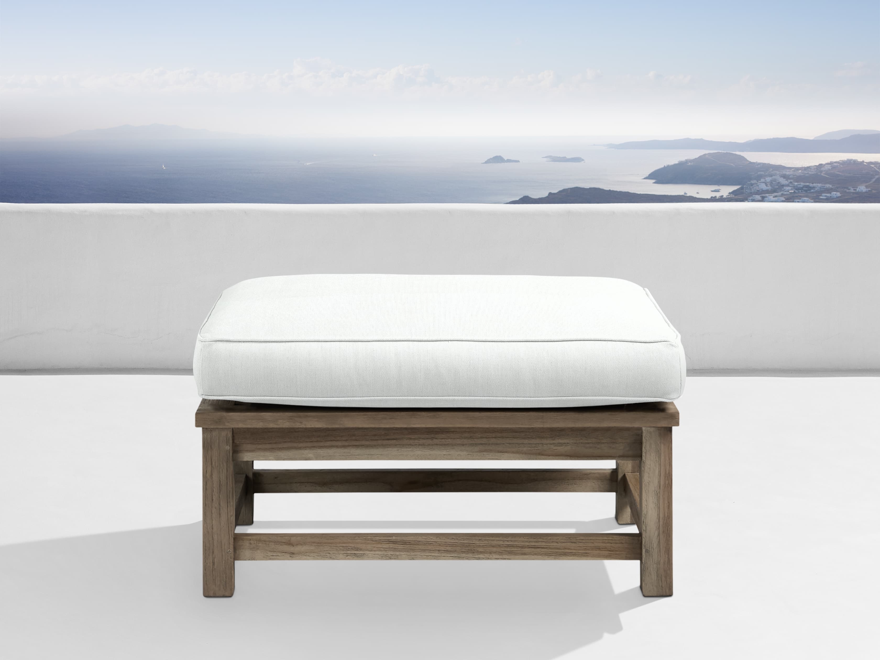 Hamptons Outdoor Ottoman in Weathered Fawn All Weather Wicker White  Maritime Snow - Image 0