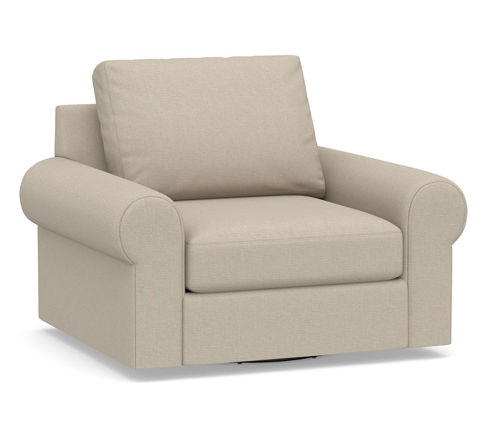 Big Sur Roll Arm Upholstered Swivel Armchair, Down Blend Wrapped Cushions, Brushed Crossweave Natural - Image 0