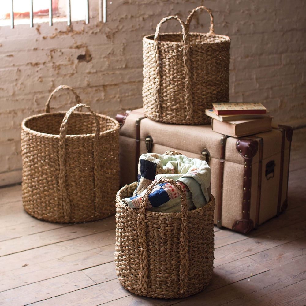 Round Braided Seagrass Storage Basket With Handles, Set of 3 - Image 0