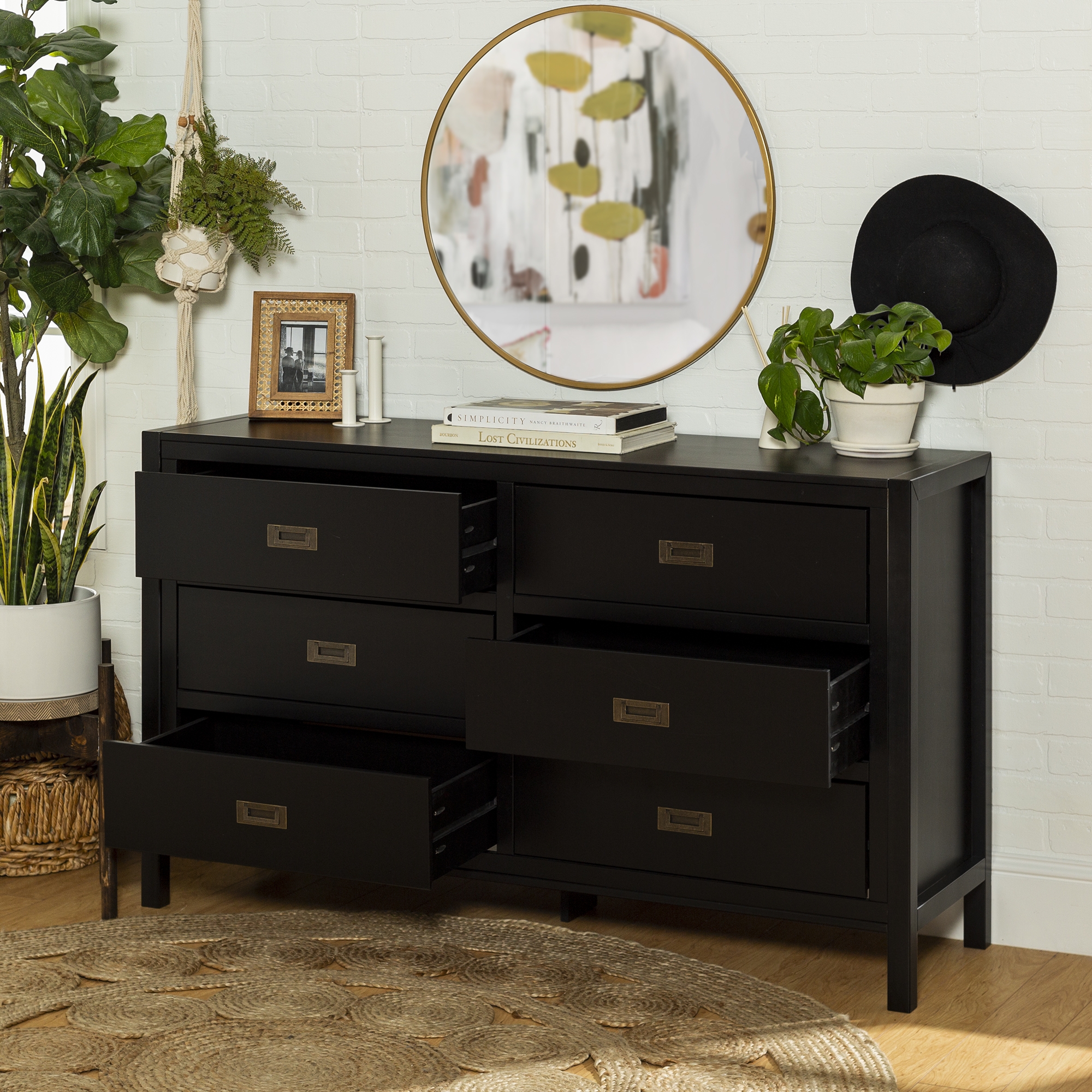 Lydia 57" Classic Solid Wood 6 Drawer Dresser - Black - Image 5