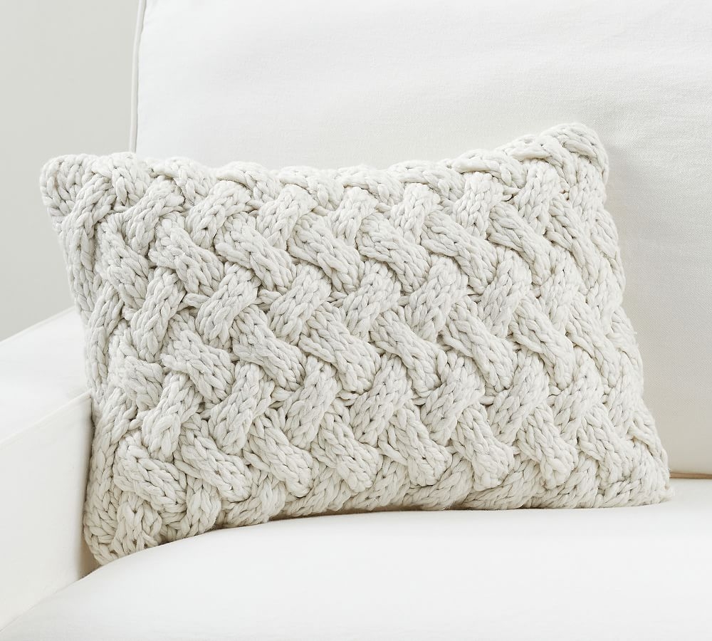Camelia Chunky Knit Lumbar Pillow Cover, 14 x 20", Ivory - Image 0