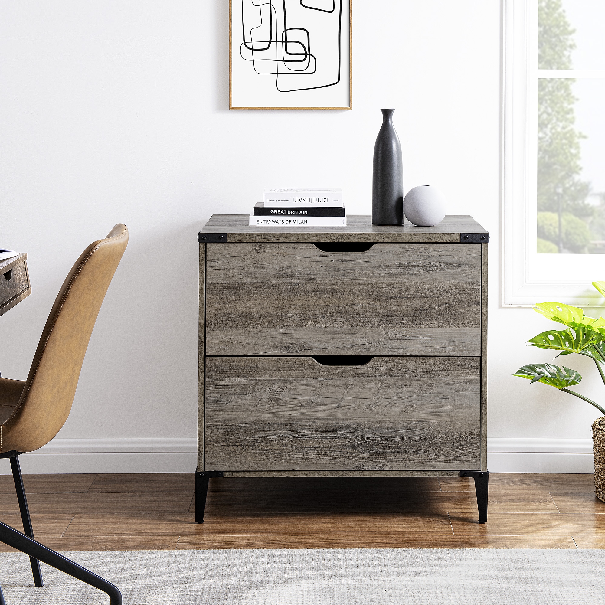 Modern Farmhouse Angle Iron 2-Drawer Filing Cabinet – Grey Wash  - Image 4