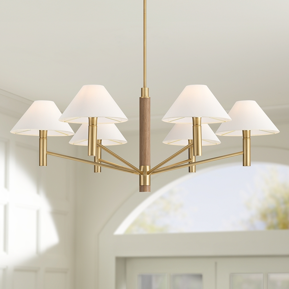 Possini Euro Conrad 41 3/4" Wide Warm Gold and Wood 6-Light Chandelier - Image 0
