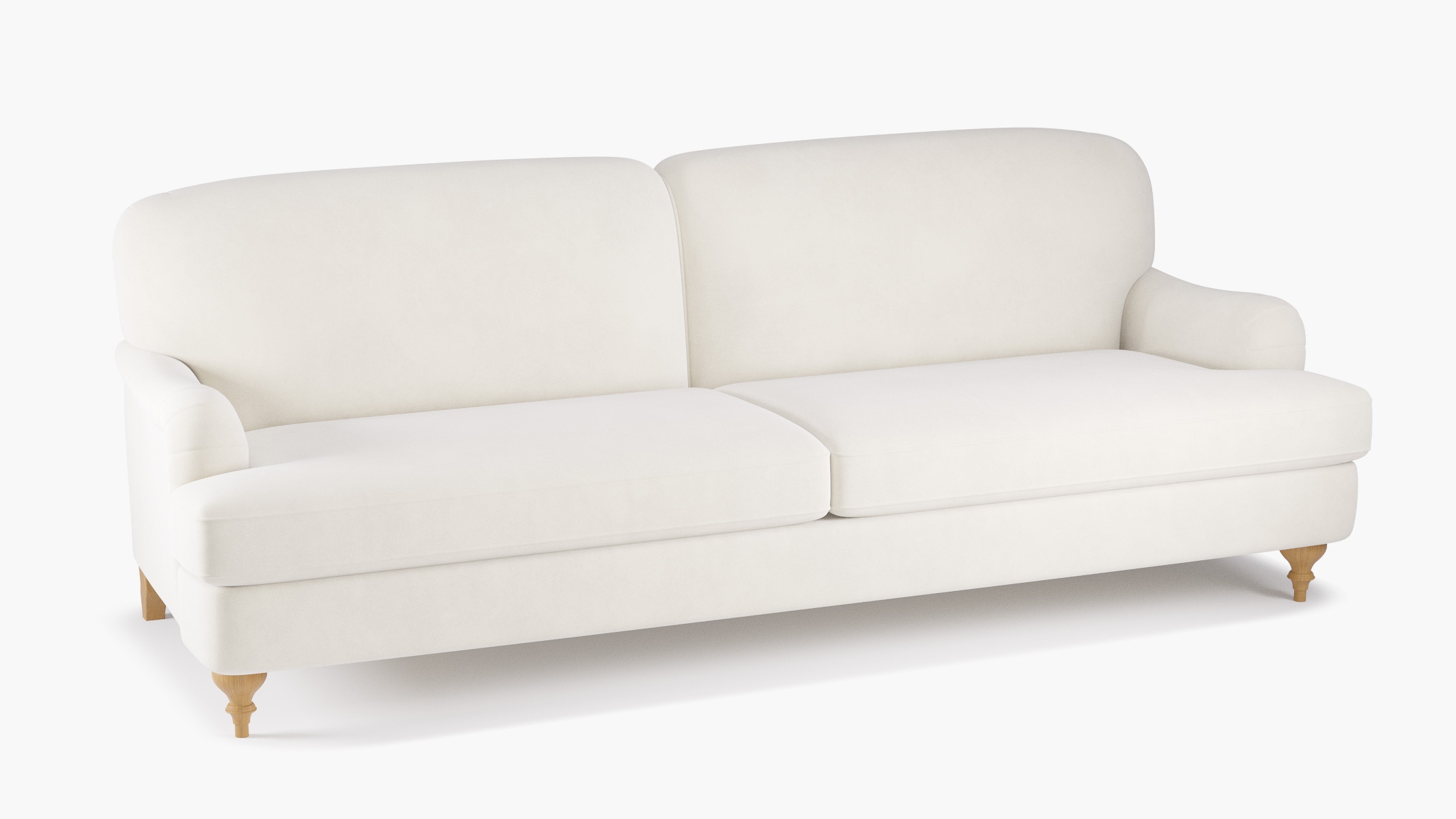 English Roll Arm Sofa, White Performance Velvet, Natural Turned Wood Leg - Image 1