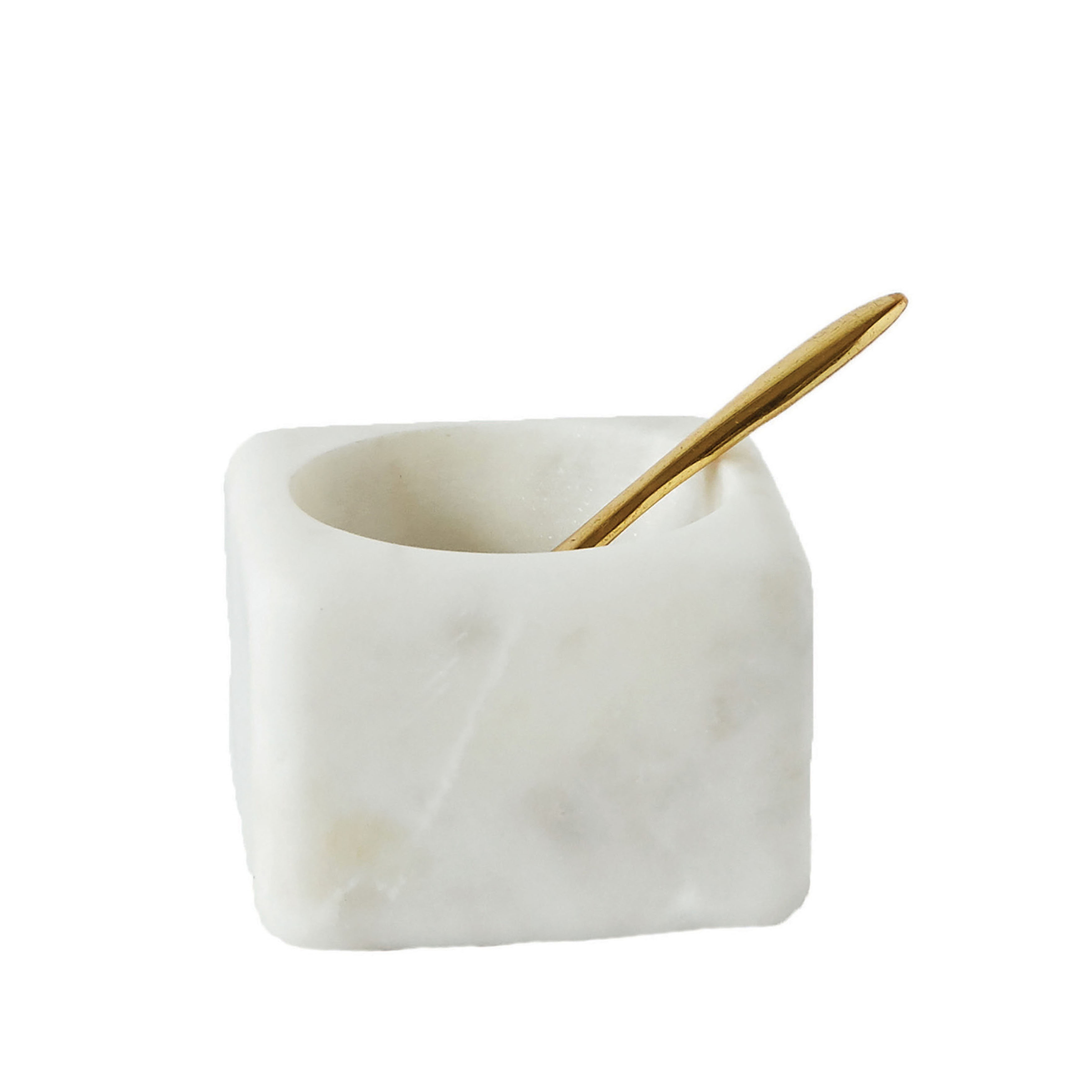 Square White Marble Bowl with Brass Spoon (Set of 2 Pieces) - Image 0