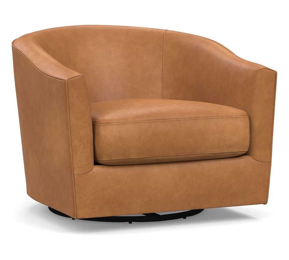 Harlow Leather Swivel Armchair without Nailheads, Polyester Wrapped Cushions, Churchfield Camel - Image 0