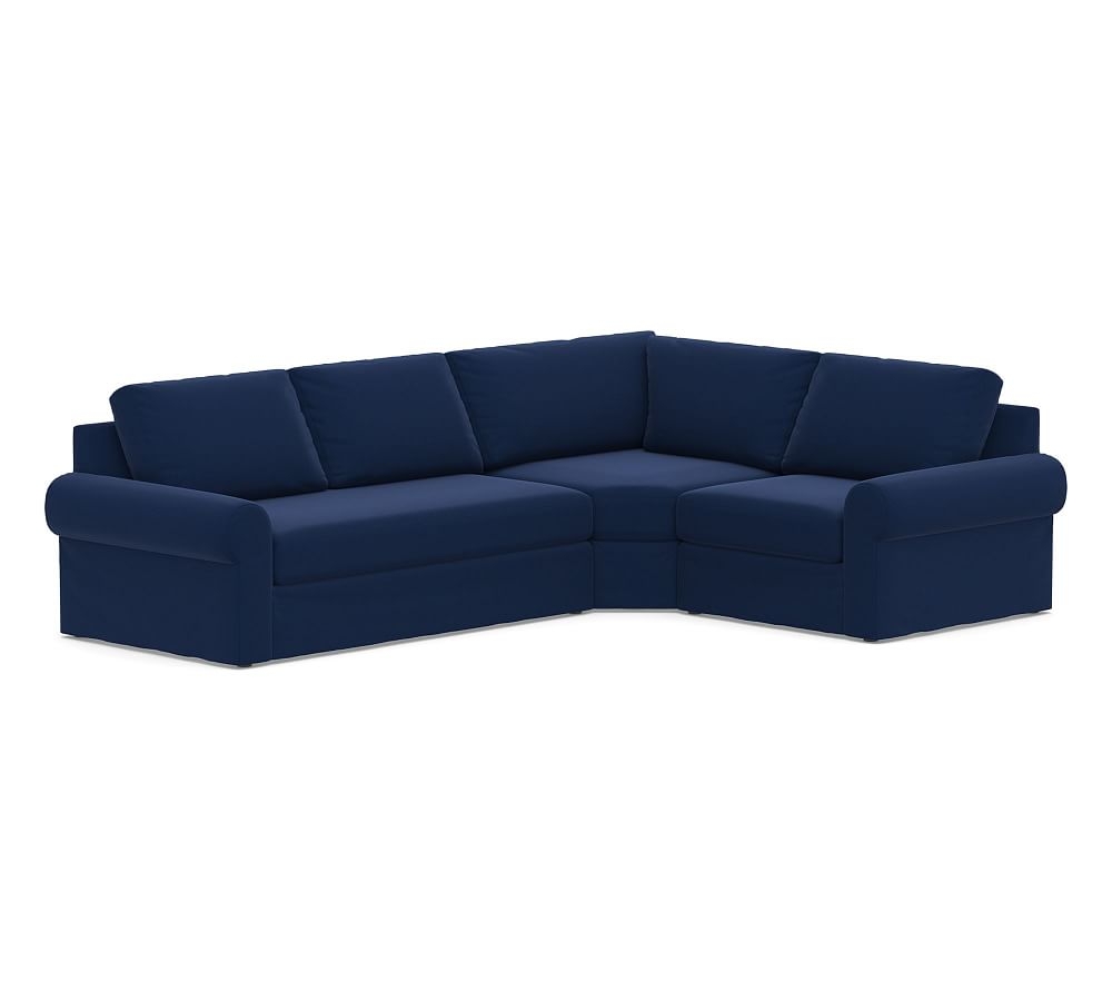 Big Sur Roll Arm Slipcovered Left Arm 3-Piece Wedge Sectional with Bench Cushion, Down Blend Wrapped Cushions, Performance Everydayvelvet(TM) Navy - Image 0