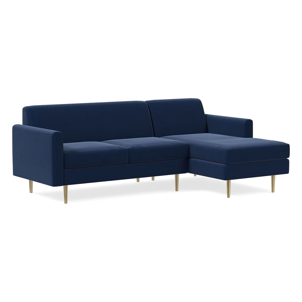 Olive 86" Right Standard Back 2-Piece Chaise Sectional, Mailbox Arm, Performance Velvet, Ink Blue, Brass - Image 0