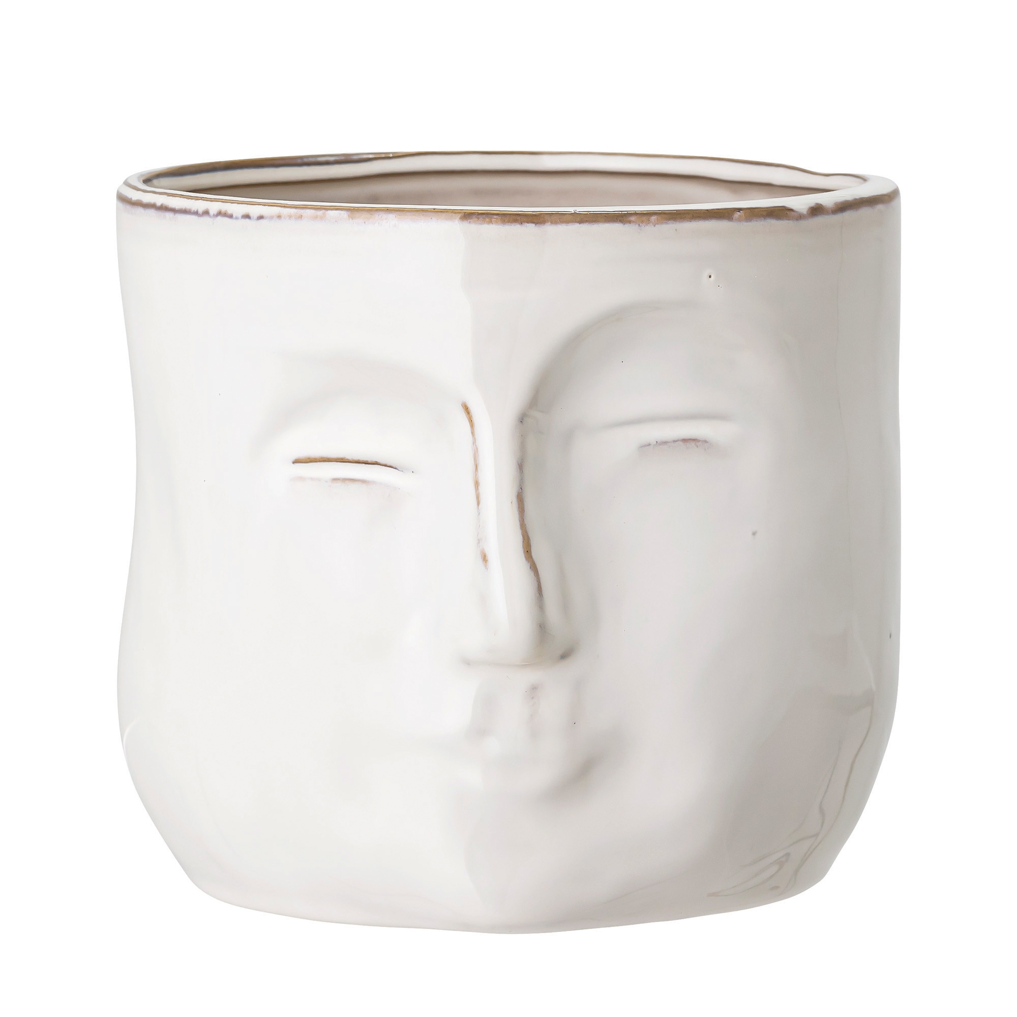 White Stoneware Planter with Face - Image 0