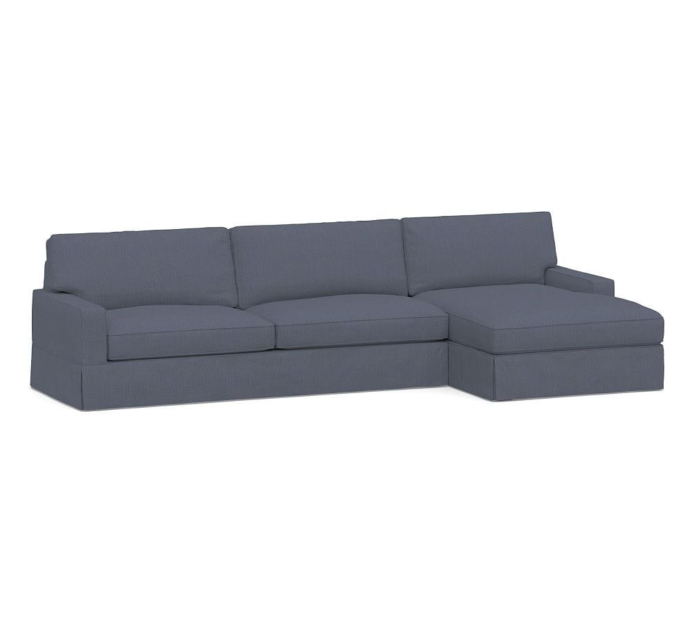 PB Comfort Square Arm Slipcovered Left Arm Sofa with Wide Chaise Sectional, Box Edge, Down Blend Wrapped Cushions, Sunbrella(R) Performance Boss Herringbone Indigo - Image 0