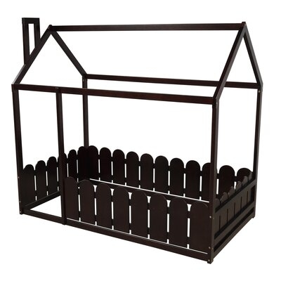 Twin Size Wood Bed House Bed Frame With Fence (Espresso ) - Image 0