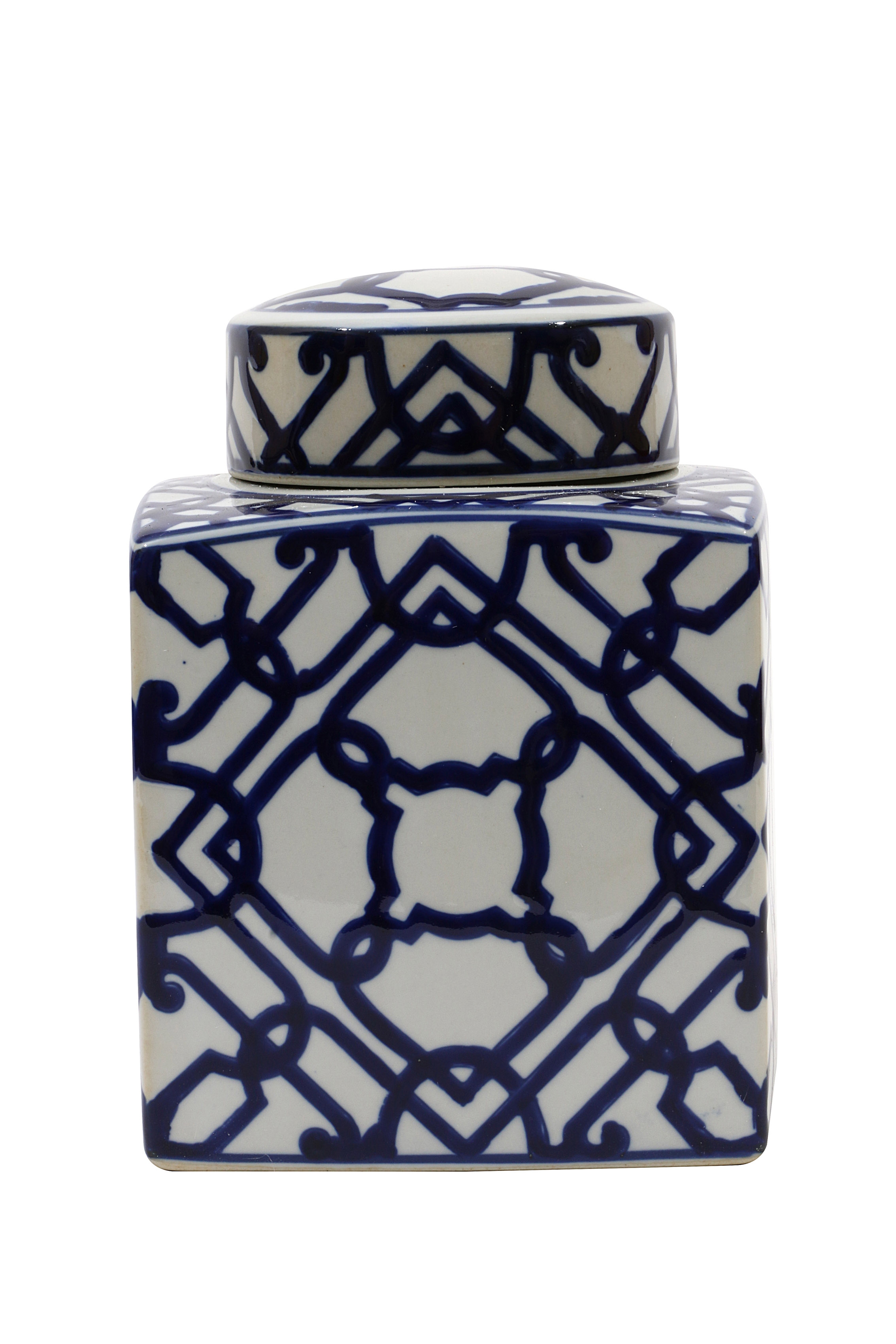 Decorative Square Ceramic Ginger Jar with Lid, Blue and White - Image 0