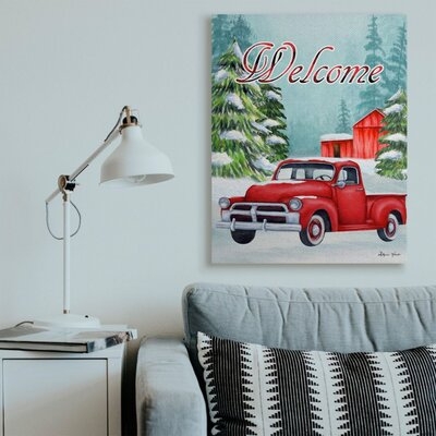 Winter Welcome Sign Red Truck Snow Barn by Sheri Hart - Graphic Art Print - Image 0