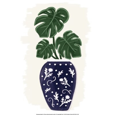 Navy Vase With Monstera Leaves - Wrapped Canvas Painting Print - Image 0
