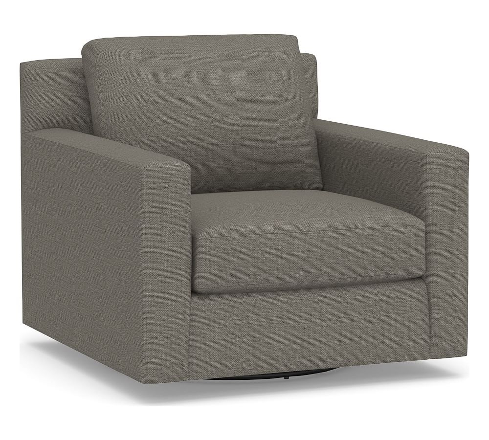 York Square Arm Upholstered Swivel Armchair, Down Blend Wrapped Cushions, Chunky Basketweave Metal - Image 0