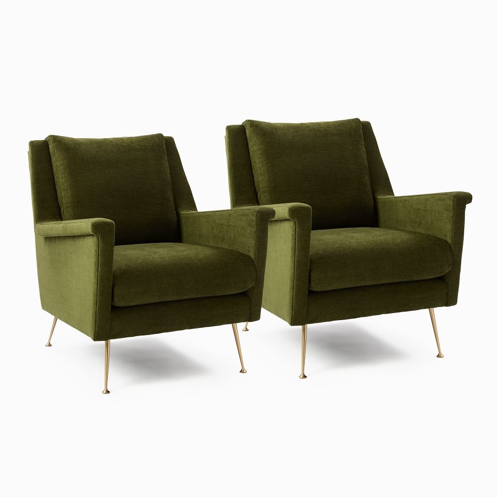Set Of 2: Carlo Mid-Century Chair, Poly, Distressed Velvet, Tarragon, Brass - Image 0