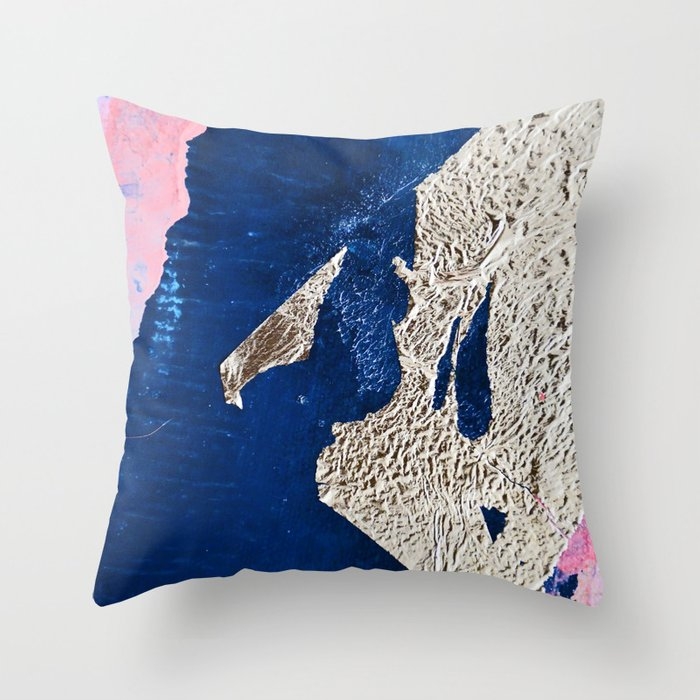By The Bay: A Minimal Abstract Mixed-media Piece In Blue Gold And Pink By Alyssa Hamilton Art Throw Pillow by Alyssa Hamilton Art - Cover (20" x 20") With Pillow Insert - Indoor Pillow - Image 0