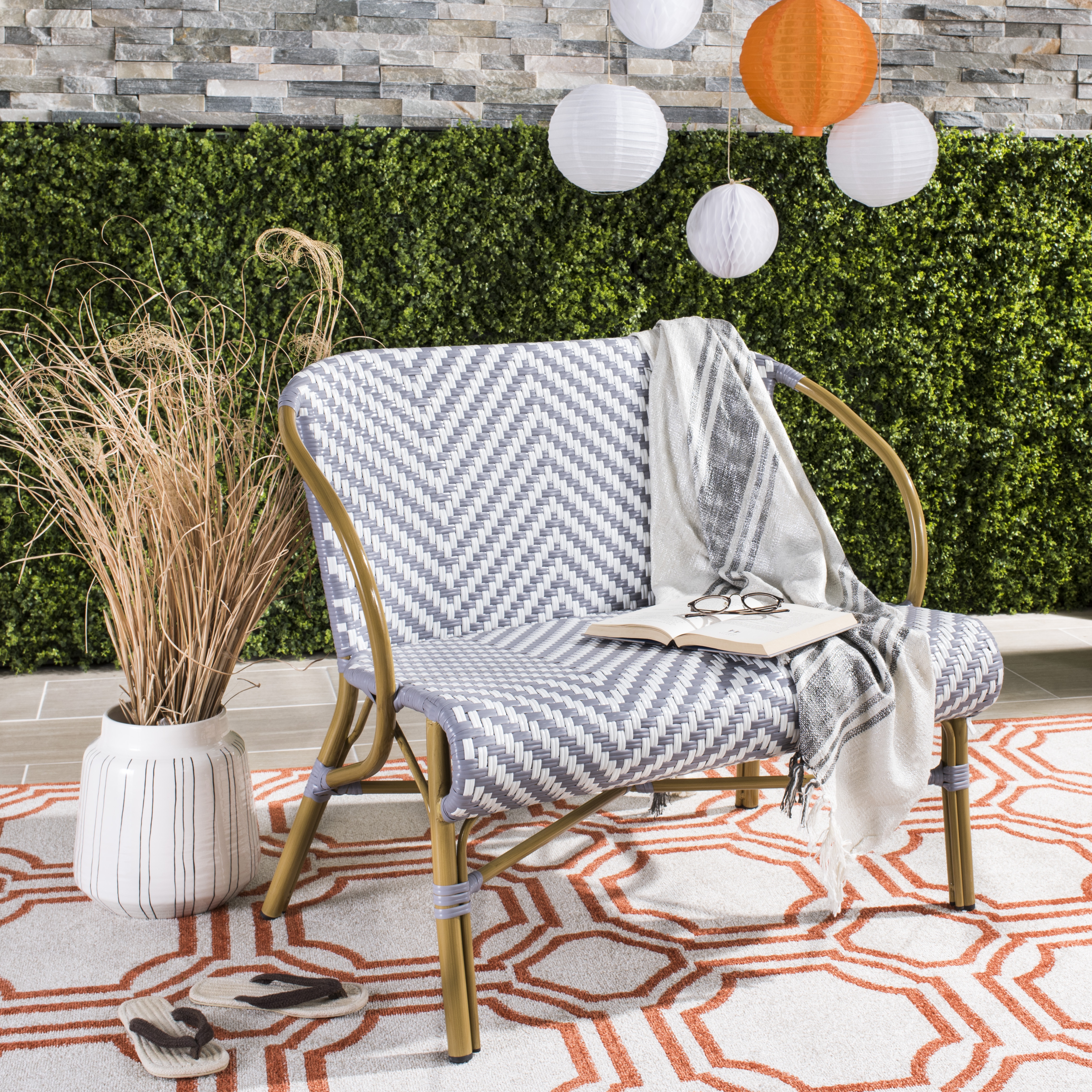 Dandra Herringbone Rattan Settee - Grey/White - Safavieh - Image 7