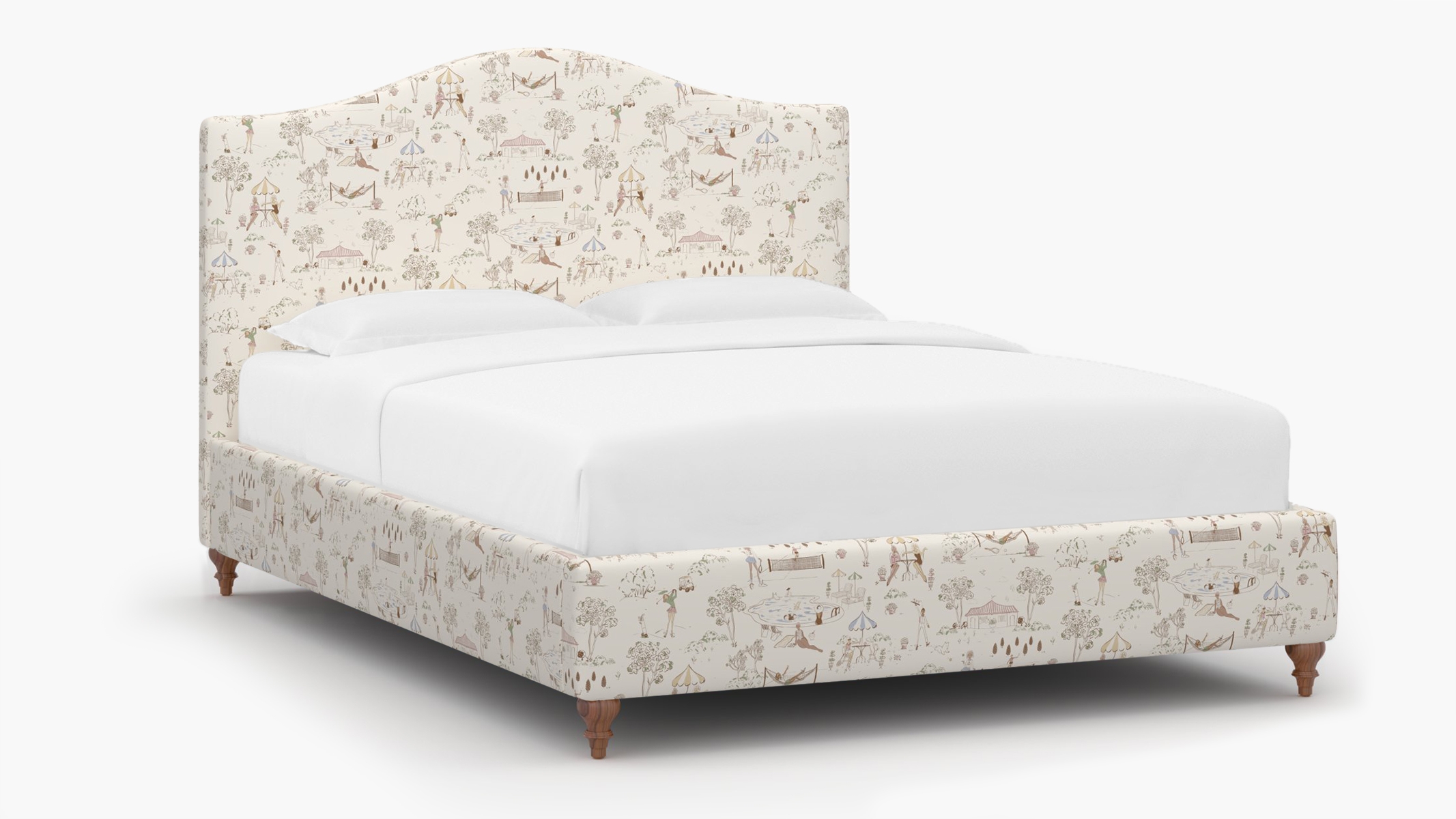 Camelback Bed, Multi Country Club Toile, Walnut Traditional Turned Leg, Full - Image 1
