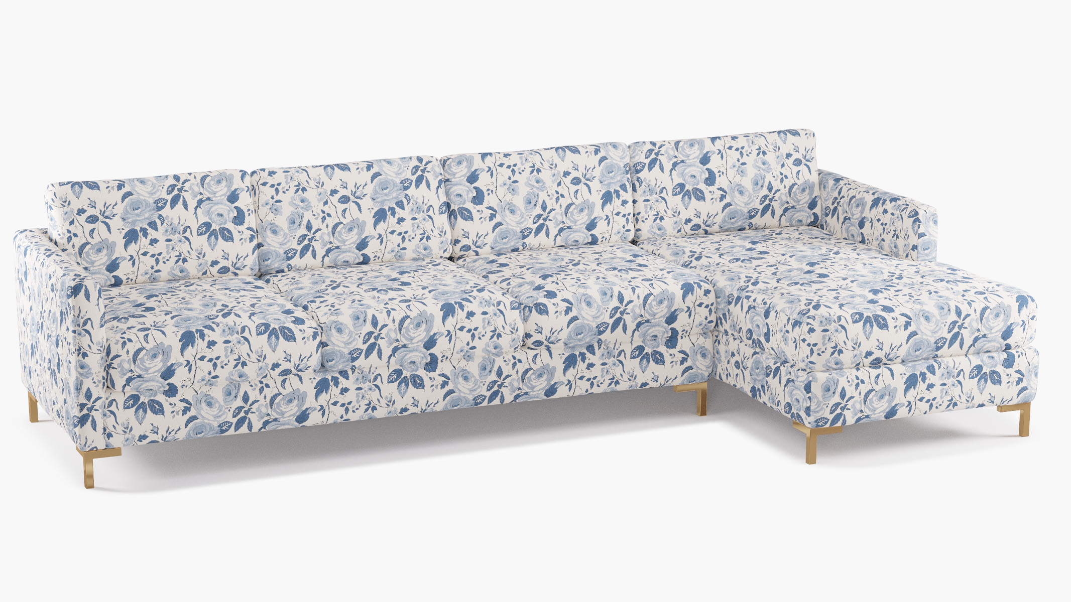 Modern Sectional, Right Facing, Delft Chintz, Brass L Leg - Image 1