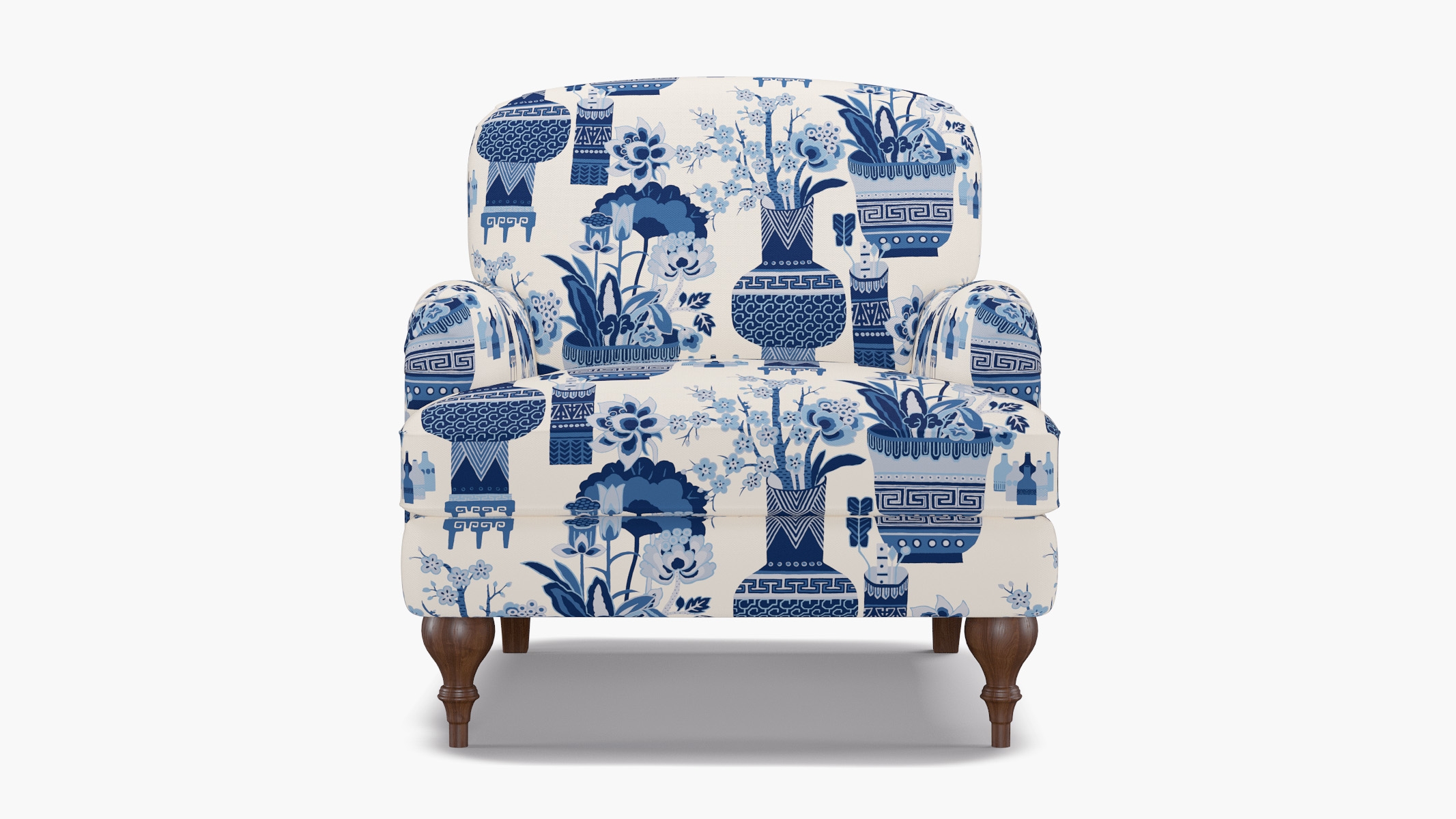 English Roll Arm Chair, Delft Kan-Shie, Walnut Turned Wood Leg - Image 0
