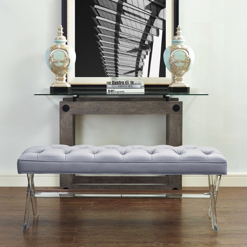 Claire Modern Classic Grey Velvet Upholstered Acrylic Bench - Image 4