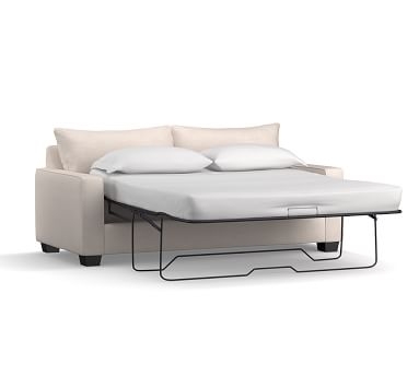 PB Comfort Square Arm Upholstered Sleeper Sofa, Box Edge Memory Foam Cushions, Performance Heathered Basketweave Platinum - Image 3
