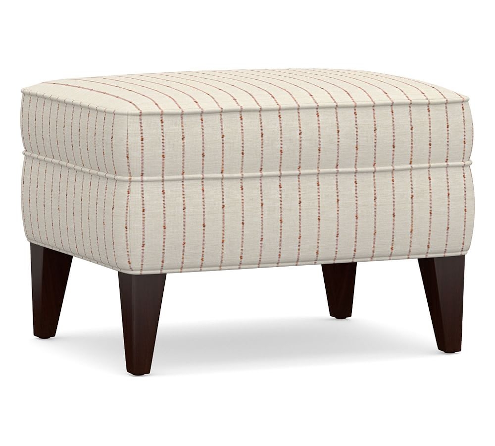 Marcel Upholstered Ottoman, Polyester Wrapped Cushions, Slubby Pinstripe Red - Image 0