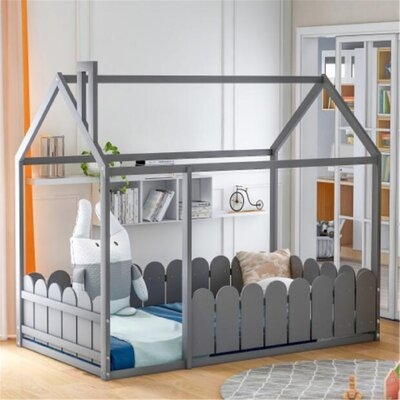 (slats Are Not Included) Twin Size Wood Bed House Bed Frame With Fence, For Kids, Teens, Girls, Boys (gray ) - Image 0