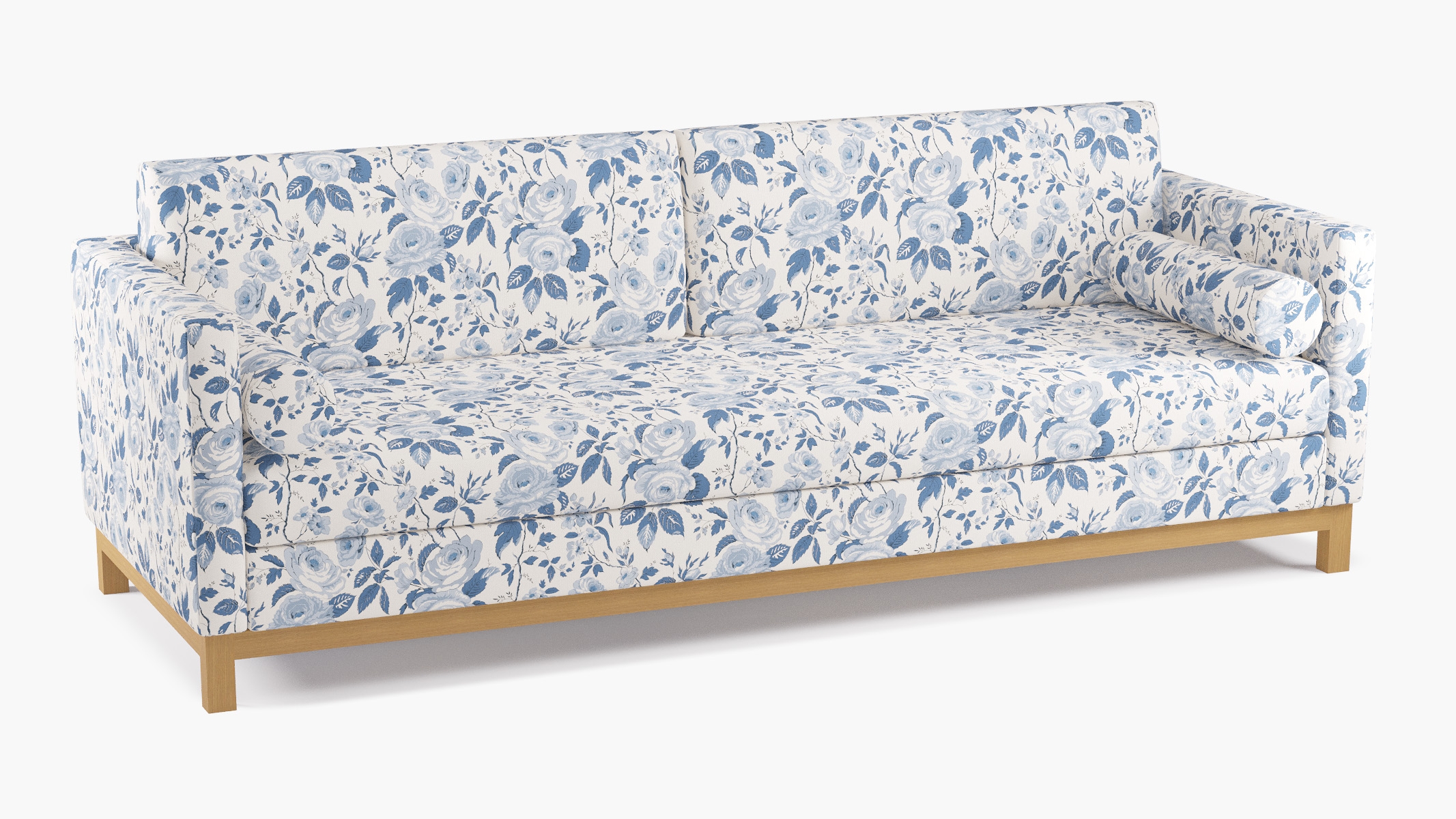 Tailored Tuxedo Sofa, Delft Chintz, Natural Wood Rail - Image 1