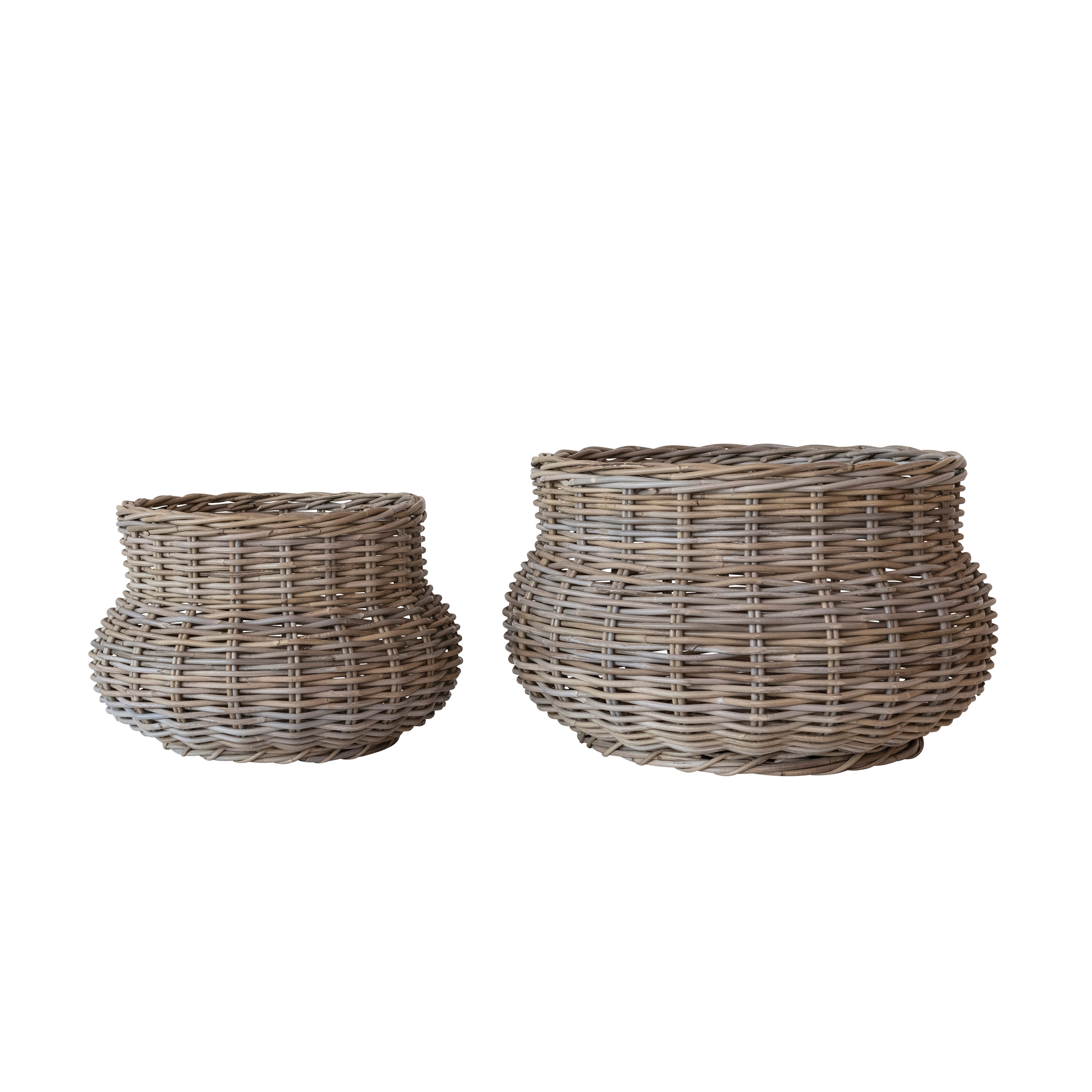 Round Hand-Woven Rattan Round Planters, Grey, Set of 2 - Image 0