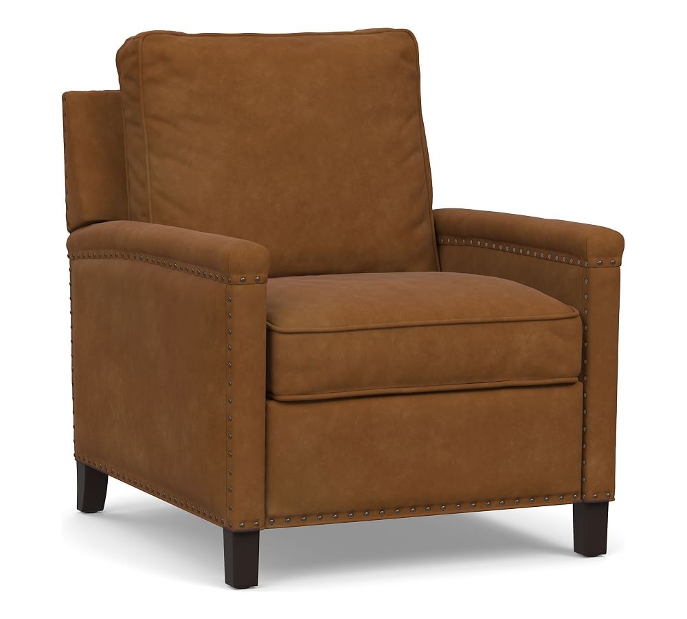 Tyler Square Arm Leather Power Recliner with Nailheads, Down Blend Wrapped Cushions, Nubuck Caramel - Image 0