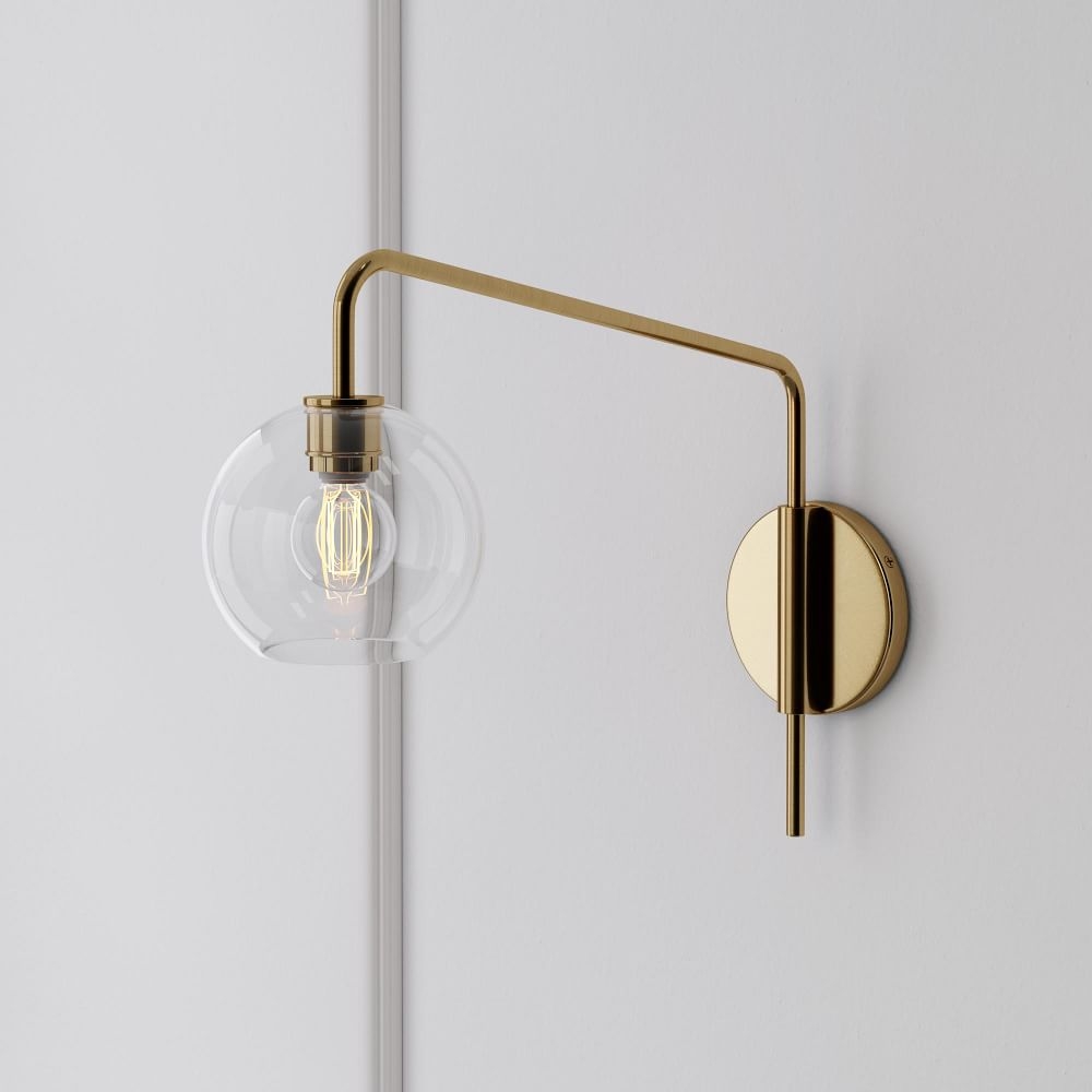 Sculptural Adjustable Sconce, Portable Convertible, Globe Mini, Clear, Antique Brass, 5.9" - Image 0