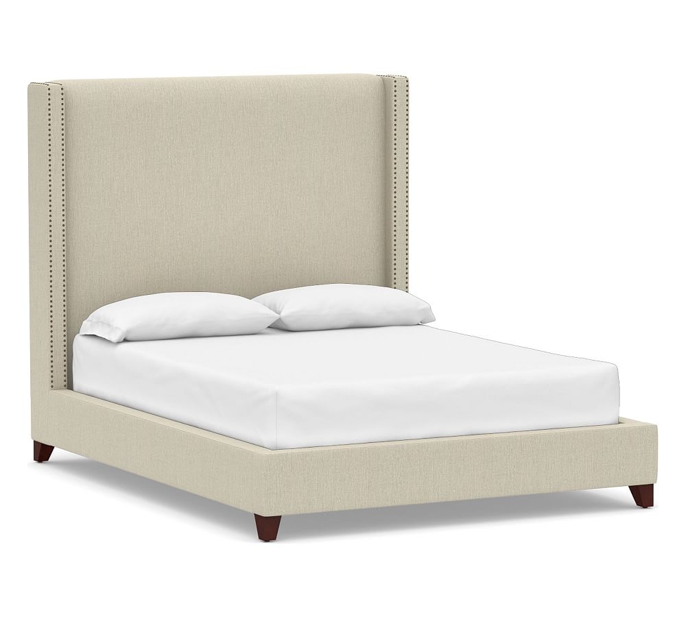 Harper Non-Tufted Upholstered Tall Bed with Bronze Nailheads, California King, Chenille Basketweave Oatmeal - Image 0