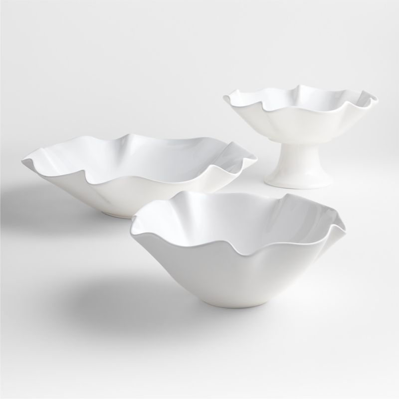 White Ruffle 12" Earthenware Pedestal Bowl - Image 1