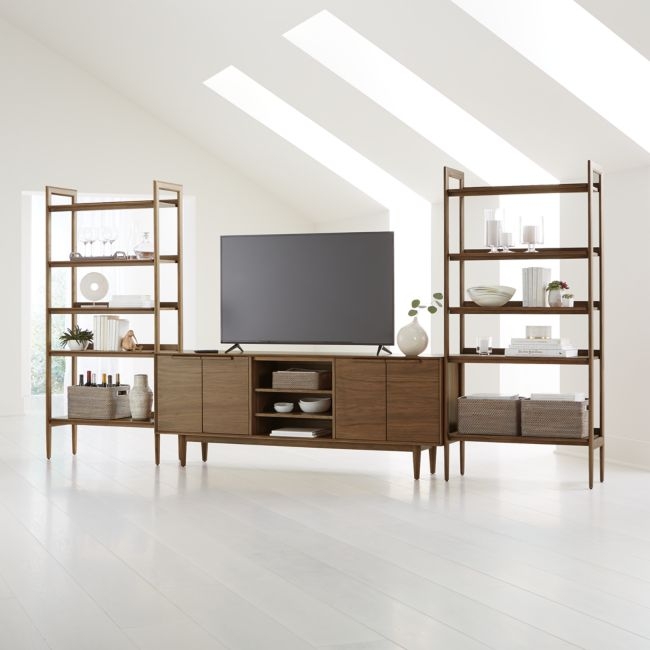 Tate Walnut 80" Storage Media Console with 2 Wide Bookcases - Image 0