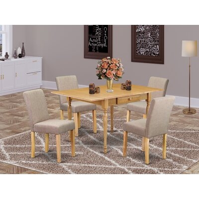 B014F118045344FCBE3C979A56072A0A 3Pc Dinette Set Contains A Small Dining Table And 2 Parsons Dining Chairs With Light Fawn Color Linen Fabric, Drop Leaf Table With Full Back Chairs, Oak Finish - Image 0
