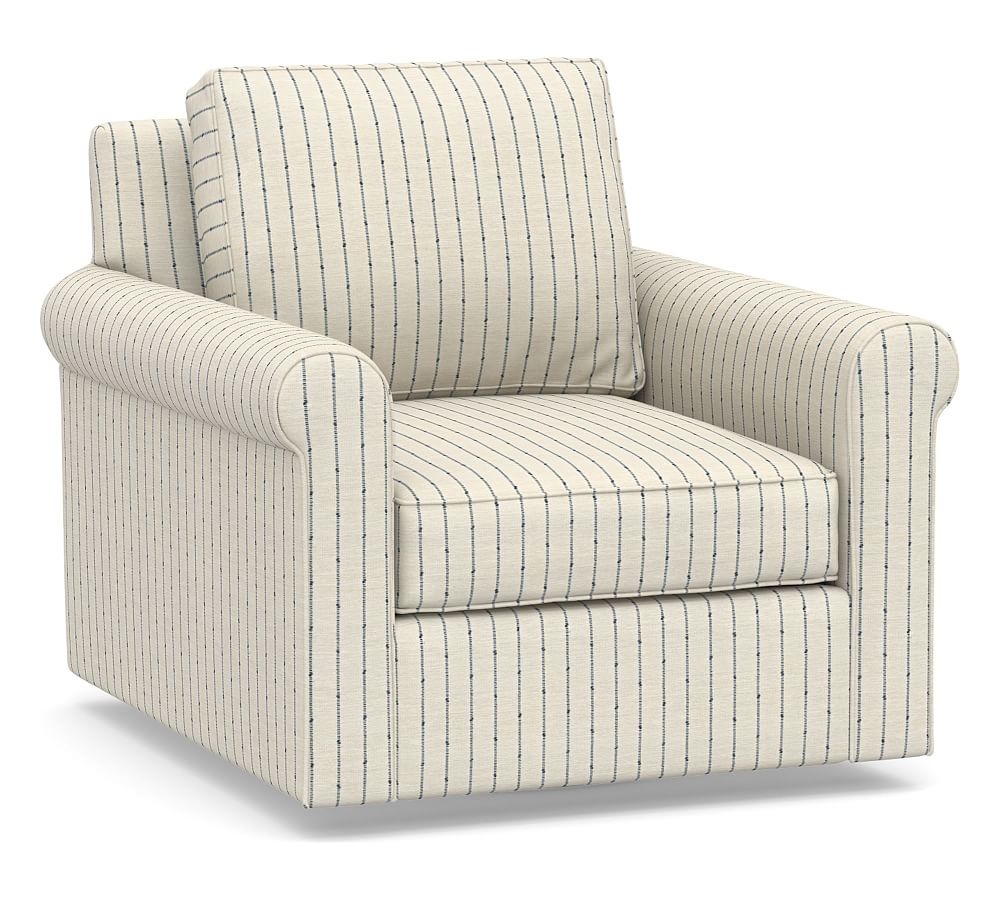 Cameron Roll Arm Upholstered Deep Seat Swivel Armchair, Polyester Wrapped Cushions, Slubby Pinstripe Blue - Image 0