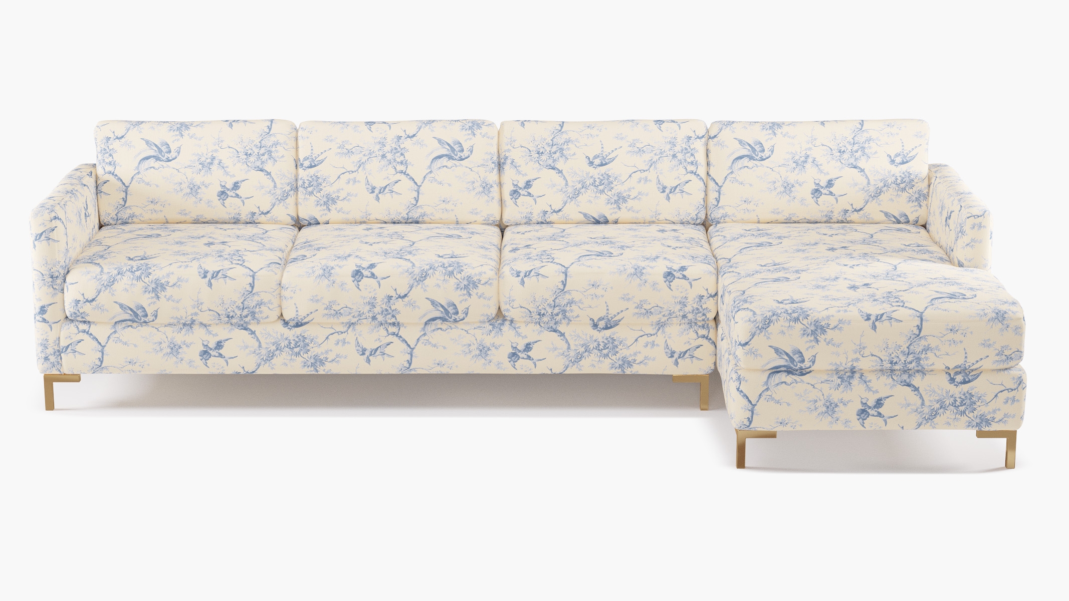 Modern Sectional, Right Facing, Blue Swallows, Brass L Leg - Image 0