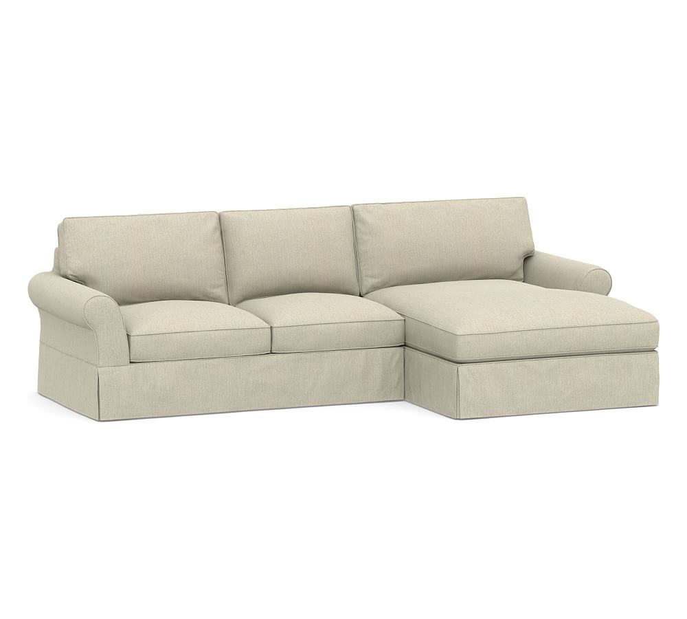 PB Comfort Roll Arm Slipcovered Left Loveseat with Double Wide Chaise Sectional, Box Edge, Down Blend Wrapped Cushions, Chenille Basketweave Oatmeal - Image 0