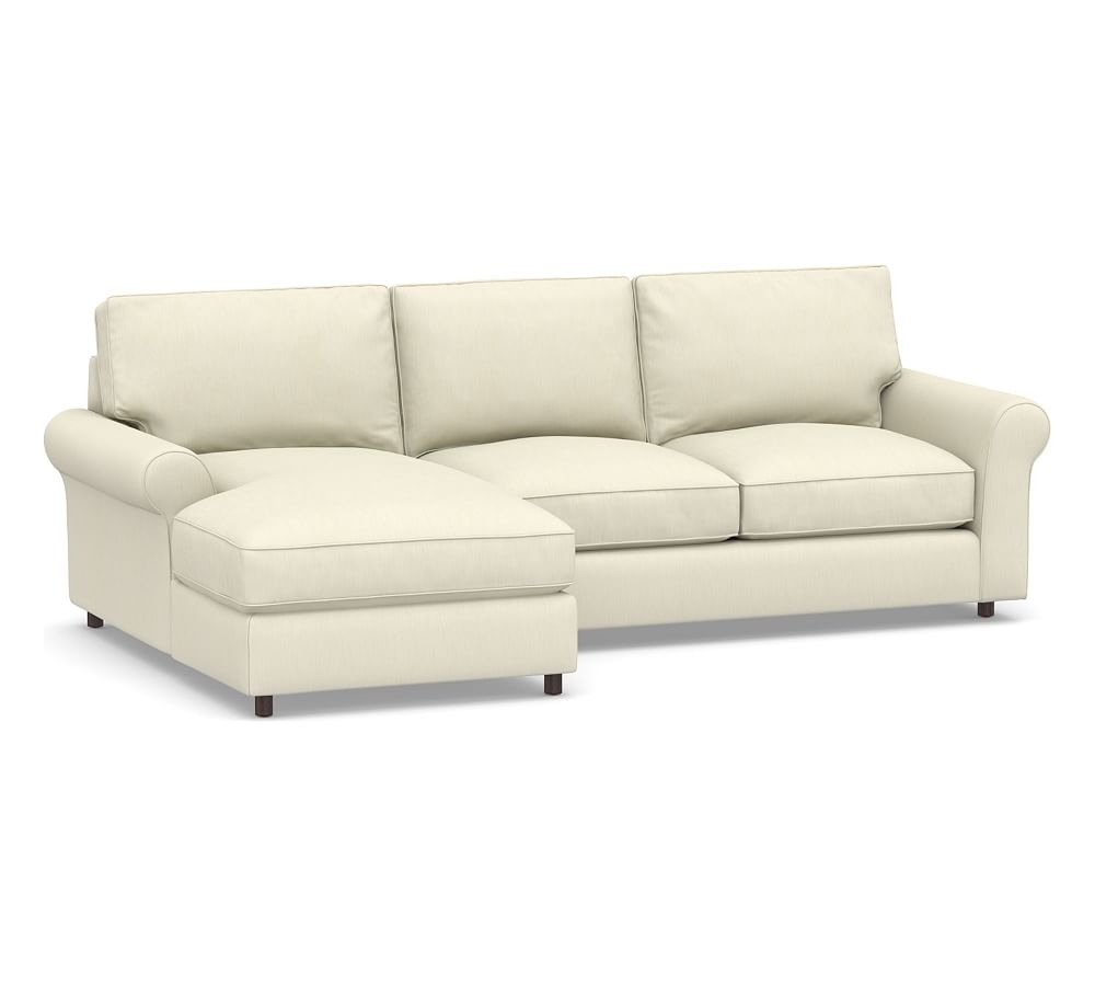 PB Comfort Roll Arm Upholstered Right Arm Loveseat with Chaise Sectional, Box Edge Down Blend Wrapped Cushions, Premium Performance Basketweave Ivory - Image 0