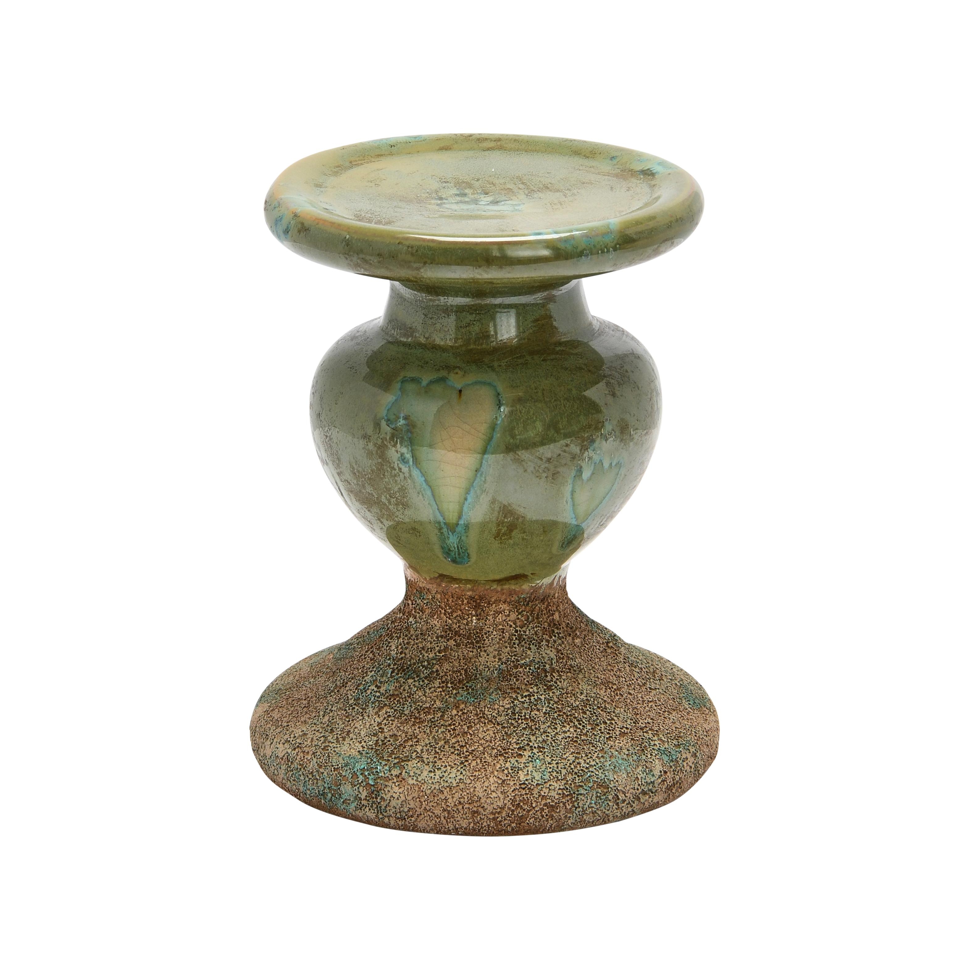 2-Tone Sculptural Terracotta Pillar Candle Holder, Distressed Green - Image 0