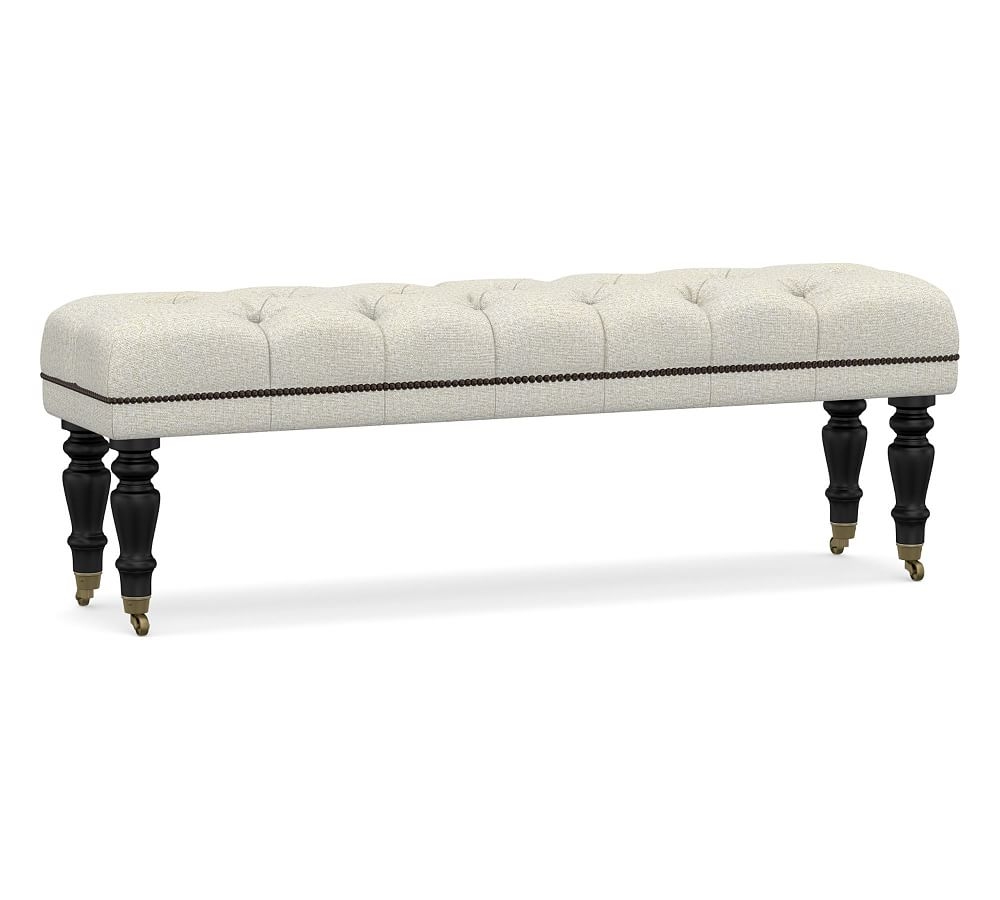 Raleigh Upholstered Tufted Queen Bench with Black Legs & Bronze Nailheads, Performance Heathered Basketweave Dove - Image 0