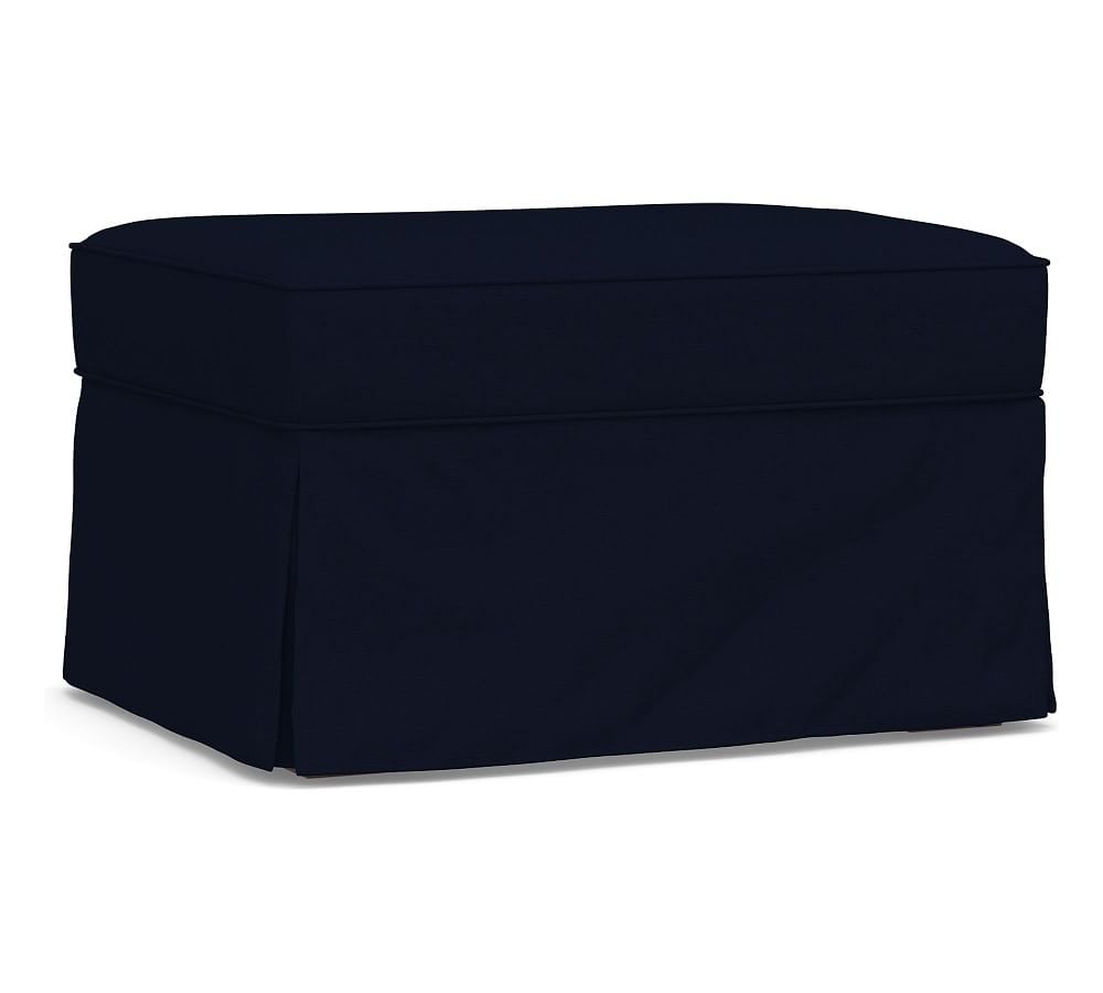 PB Comfort Roll Arm Slipcovered Ottoman, Box Edge Polyester Wrapped Cushions, Performance Everydaylinen(TM) by Crypton(R) Home Navy - Image 0